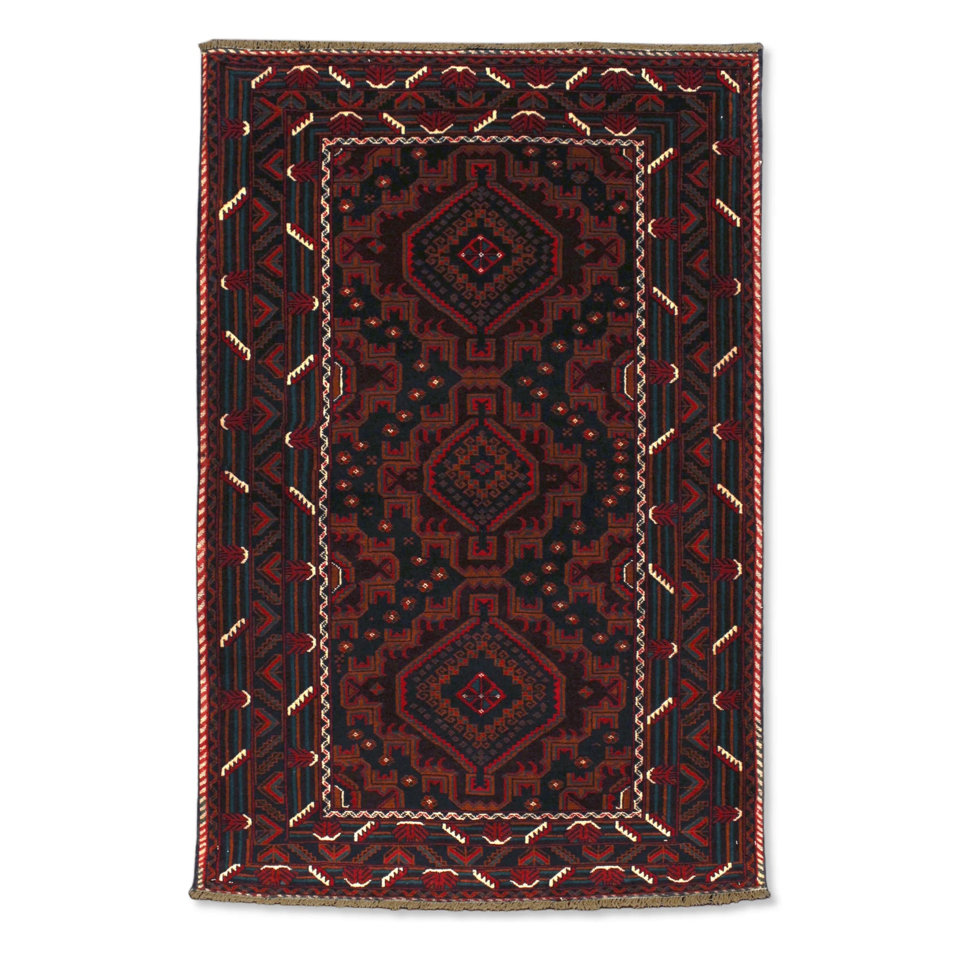 Full view of Afghan Fine Baluchi hand-knotted wool rug with deep red field, three diamond medallions and layered geometric borders, 184 x 121 cm