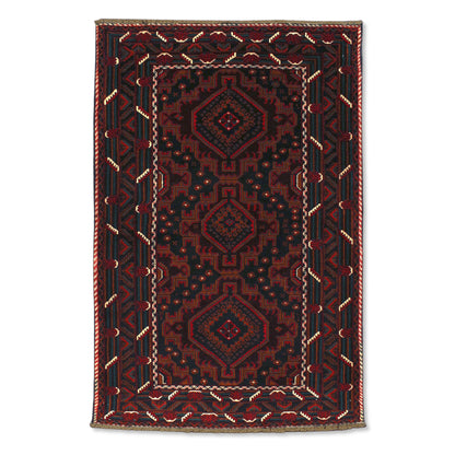 Full view of Afghan Fine Baluchi hand-knotted wool rug with deep red field, three diamond medallions and layered geometric borders, 184 x 121 cm