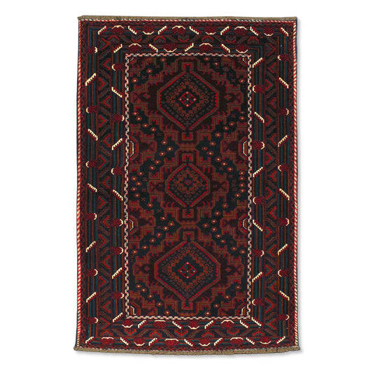 Full view of Afghan Fine Baluchi hand-knotted wool rug with deep red field, three diamond medallions and layered geometric borders, 184 x 121 cm