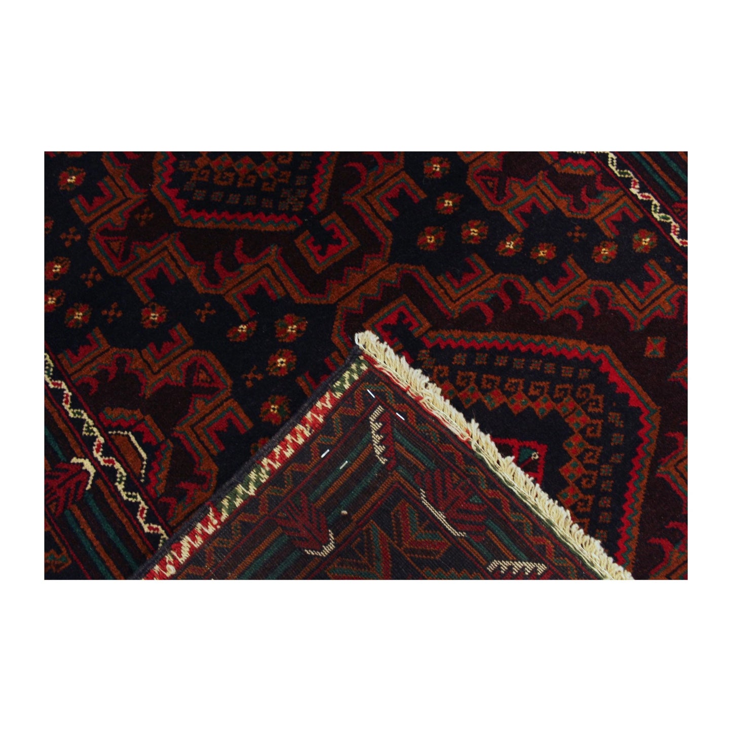 Folded-corner detail of Afghan Fine Baluchi rug showing the patterned field, border and reverse weave