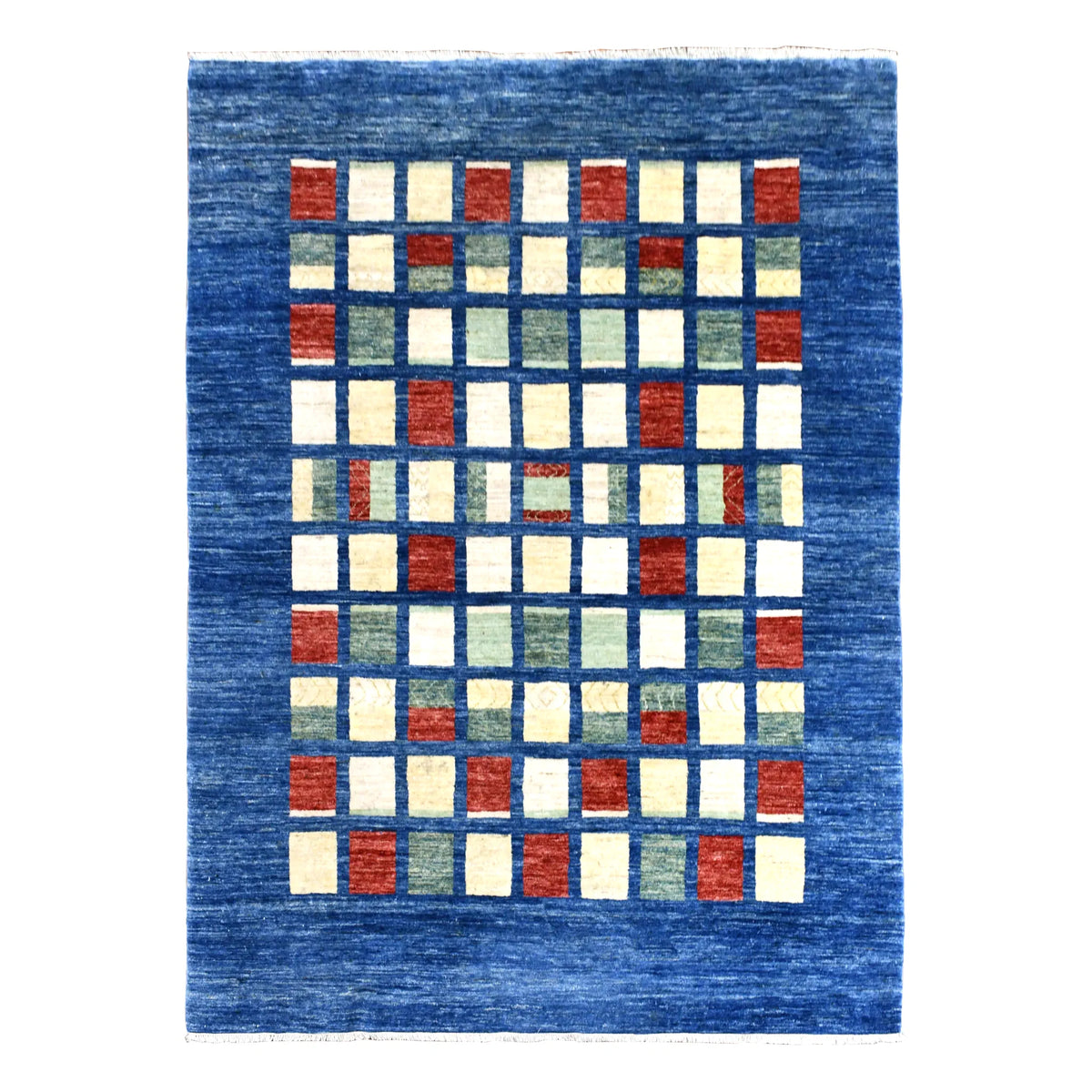 Full view of blue Afghan Gabbeh rug with a central grid of ivory, rust and sage rectangles, 270 x 208 cm