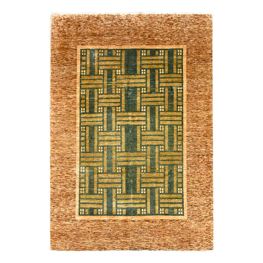 Full view of Afghan Gabbeh hand-knotted wool rug with a warm-brown border and muted blue-green geometric field, 295 x 200 cm