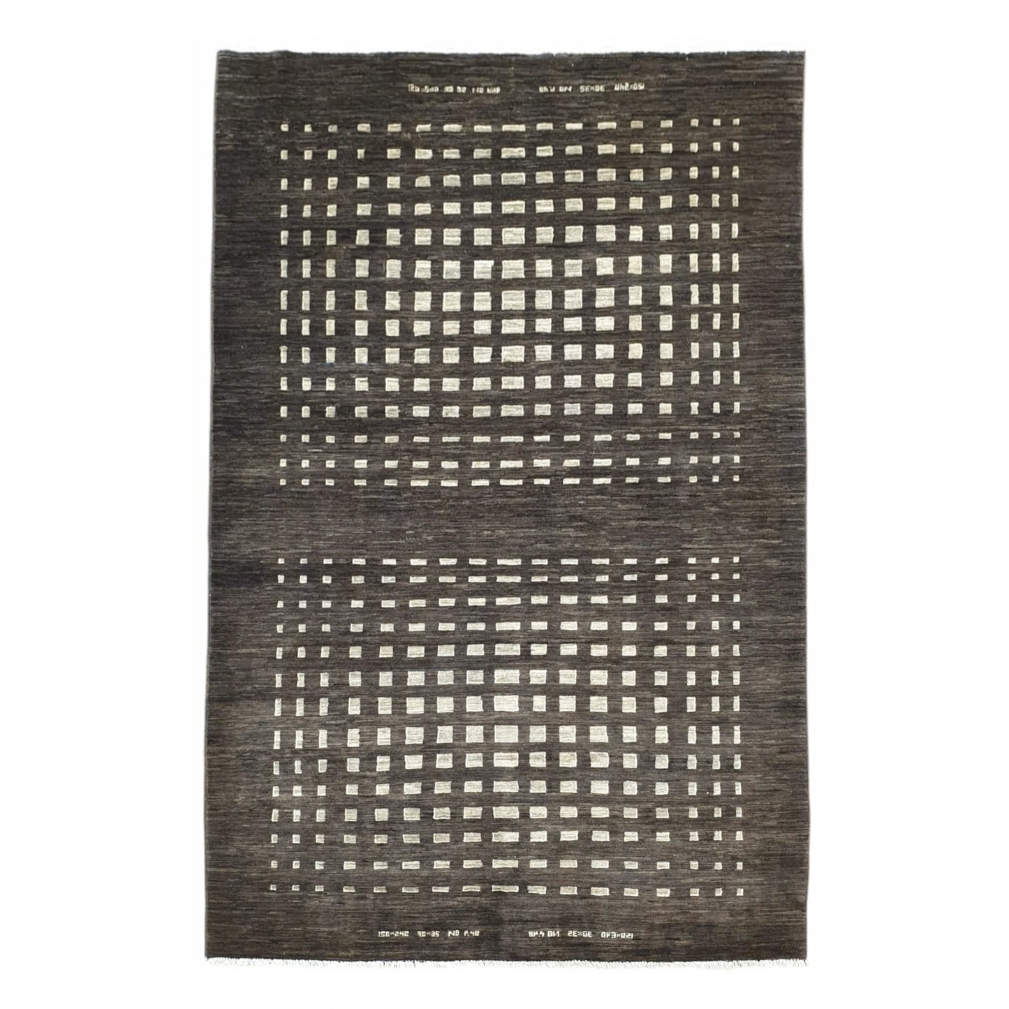 Full view of Afghan Gabbeh hand-knotted natural wool rug with dark brown field and ivory square lattice pattern, 240 x 150 cm