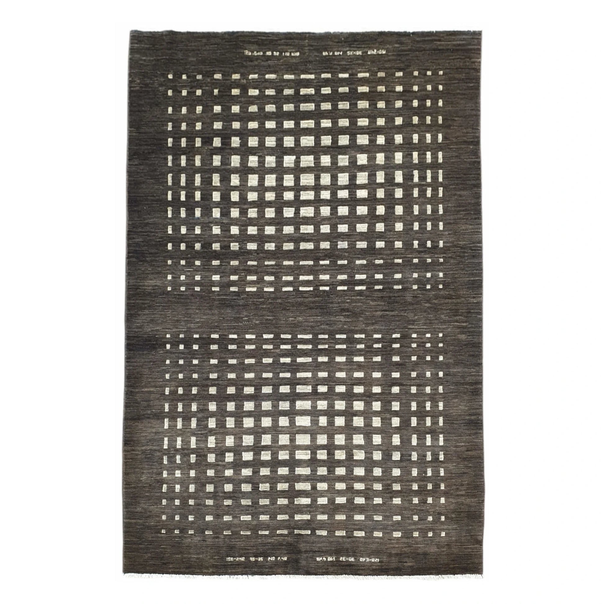 Full view of Afghan Gabbeh hand-knotted natural wool rug with dark brown field and ivory square lattice pattern, 240 x 150 cm