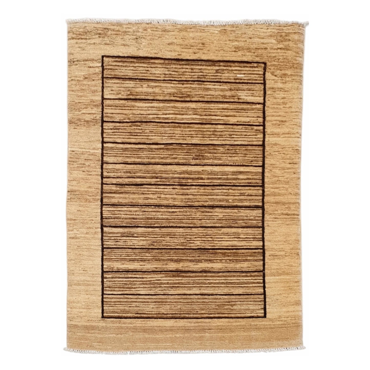 Afghan Gabbeh hand-knotted wool rug 145 x 96 cm full view with natural light brown wool and linear border design