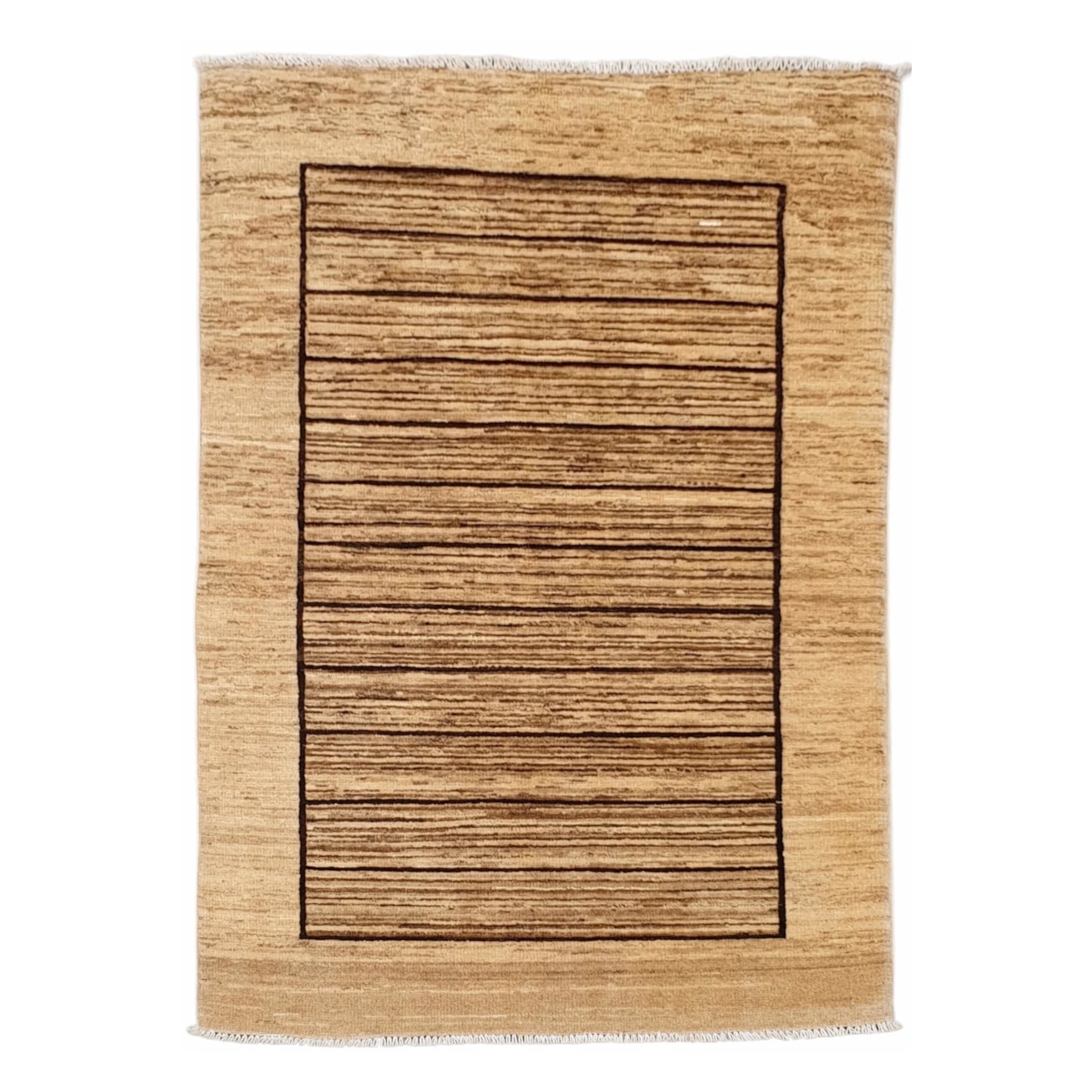 Afghan Gabbeh hand-knotted wool rug 145 x 96 cm full view with natural light brown wool and linear border design