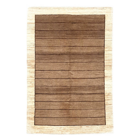 Full view of Afghan Gabbeh hand-knotted wool rug with light brown tonal stripe field and cream border, 166 x 106 cm
