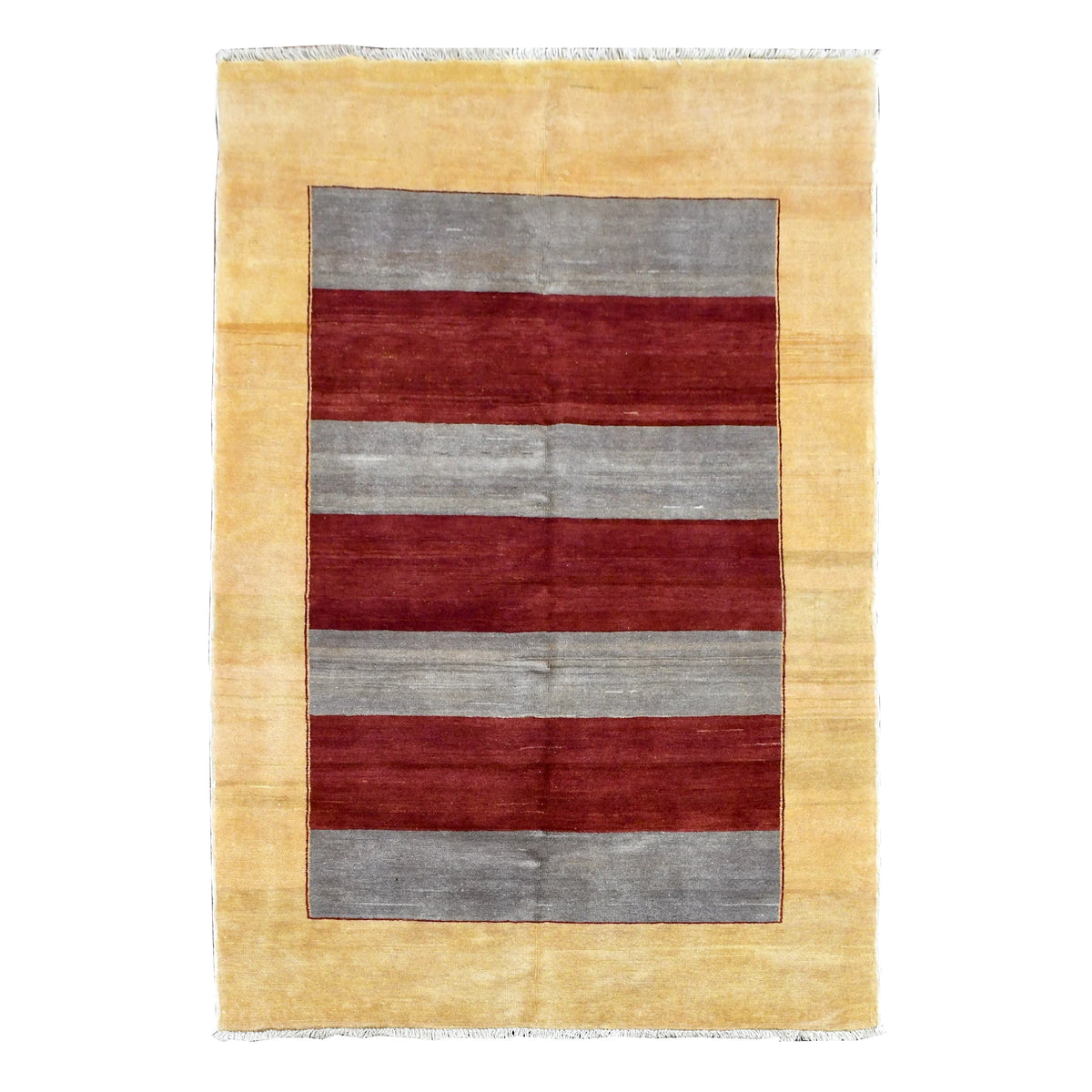 Full view of Afghan Gabbeh hand-knotted wool rug with broad red and grey stripes and golden-beige border, 170 x 126 cm