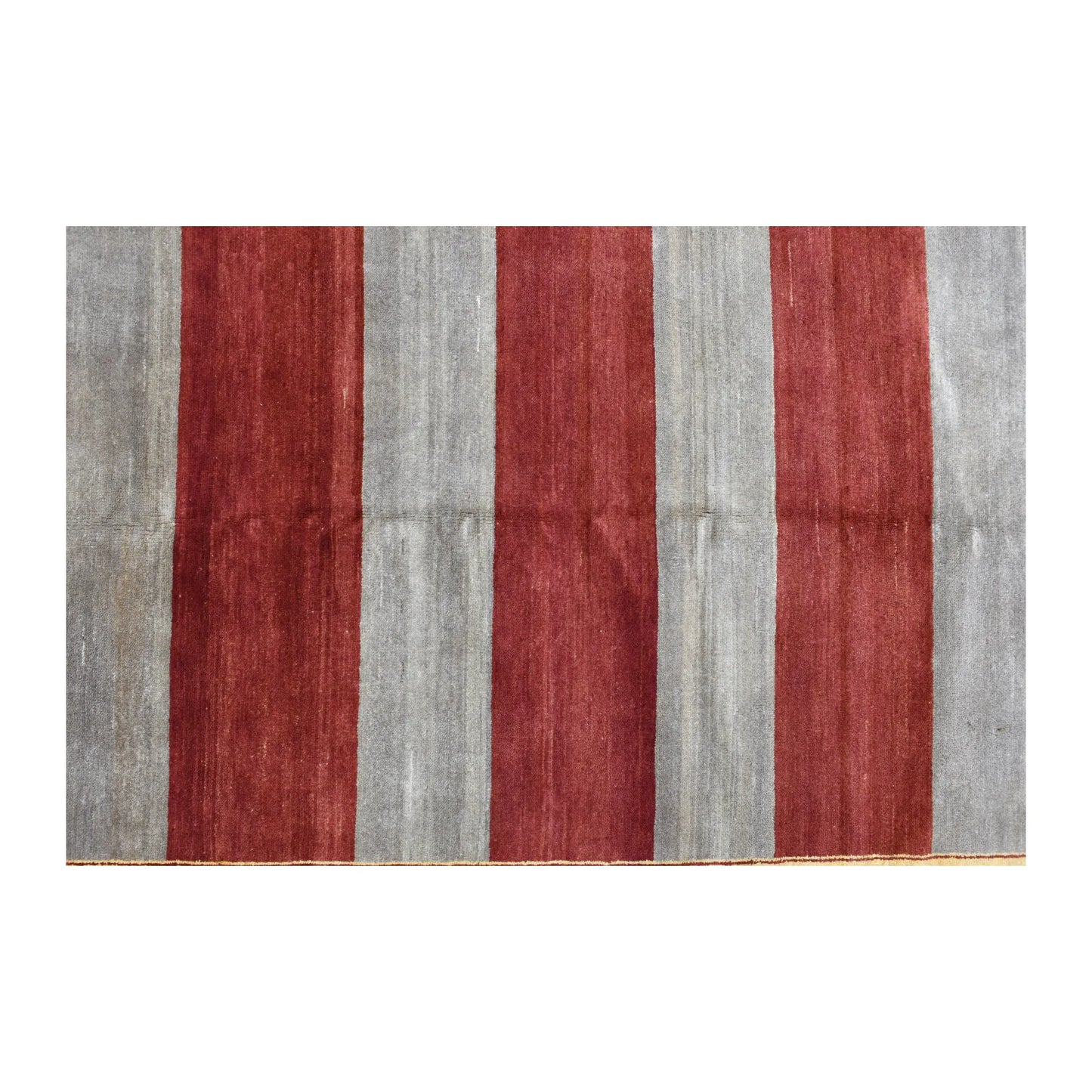 Field detail of Afghan Gabbeh rug showing broad red and grey stripes with gentle tonal variation