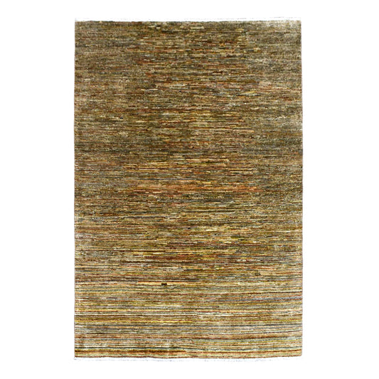 Full view of Afghan Gabbeh hand-knotted wool rug with fine olive, brown, beige and rust horizontal bands, 194 x 142 cm