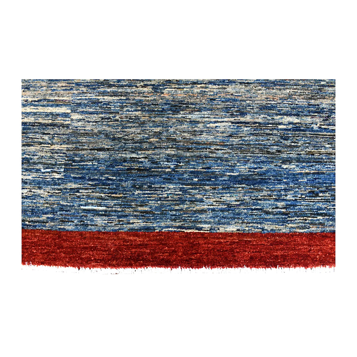 Blue field, red border and fringe detail of Afghan Gabbeh rug with grey and beige tonal striations