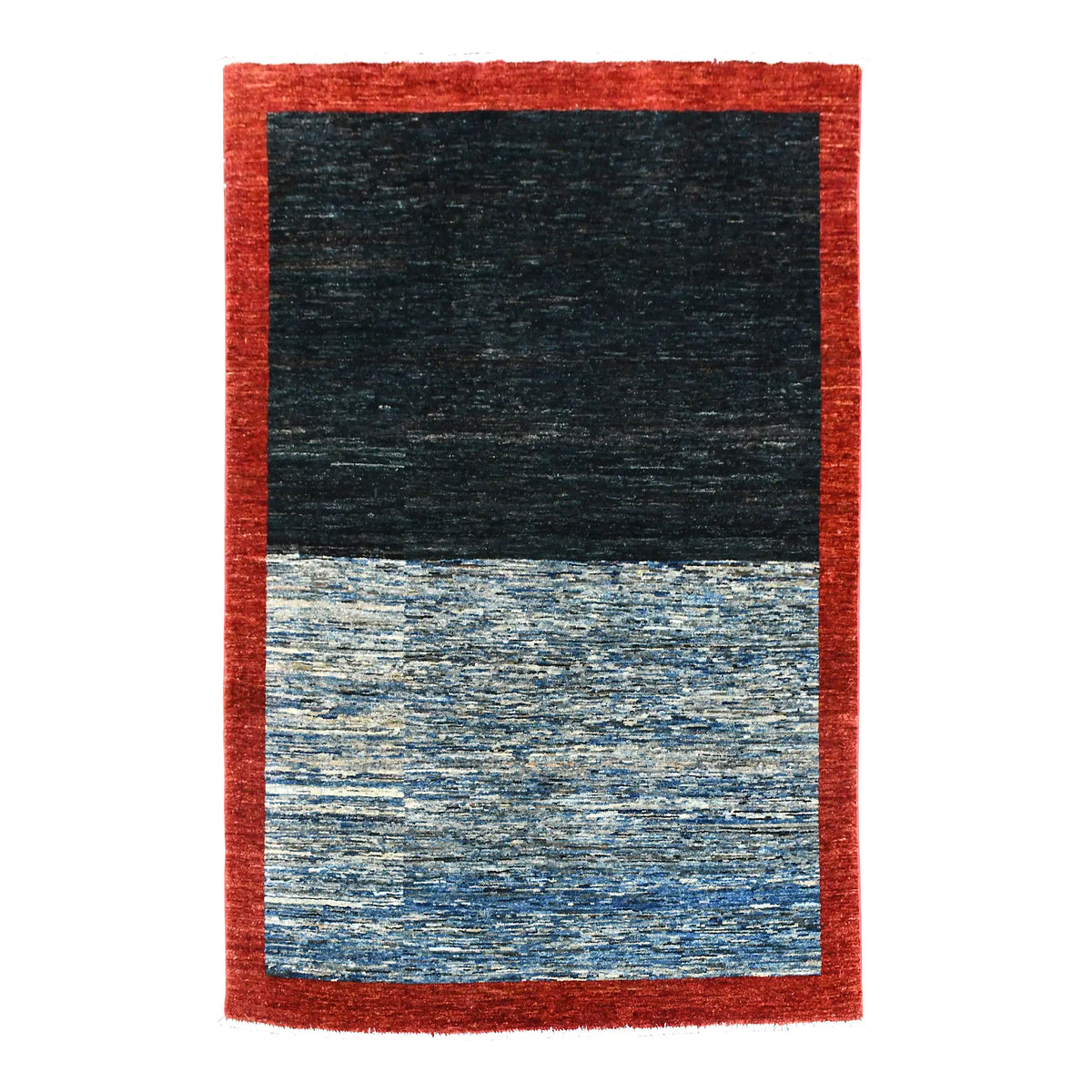 Full view of Afghan Gabbeh hand-knotted wool rug with a deep red border and dark navy and layered blue field, 196 x 157 cm