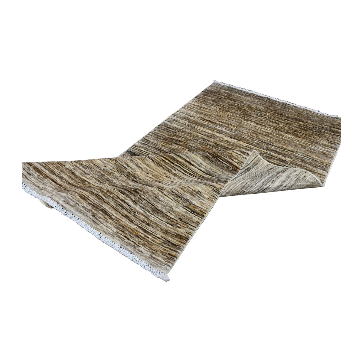 Folded view of Afghan Gabbeh hand-knotted wool rug showing its textured tonal field and pale fringe