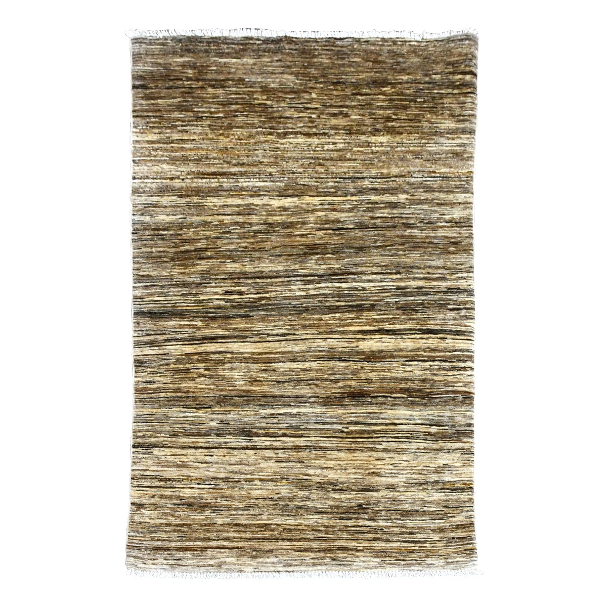Full view of Afghan Gabbeh hand-knotted wool rug with earthy brown, beige and ivory striations, 200 x 105 cm