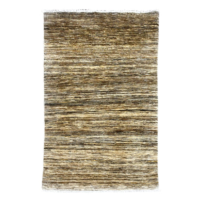 Full view of Afghan Gabbeh hand-knotted wool rug with earthy brown, beige and ivory striations, 200 x 105 cm
