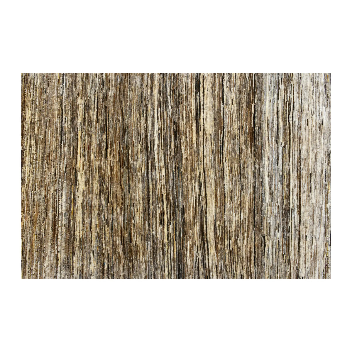 Close-up of Gabbeh wool rug showing fine tonal striations in earthy brown, beige and ivory