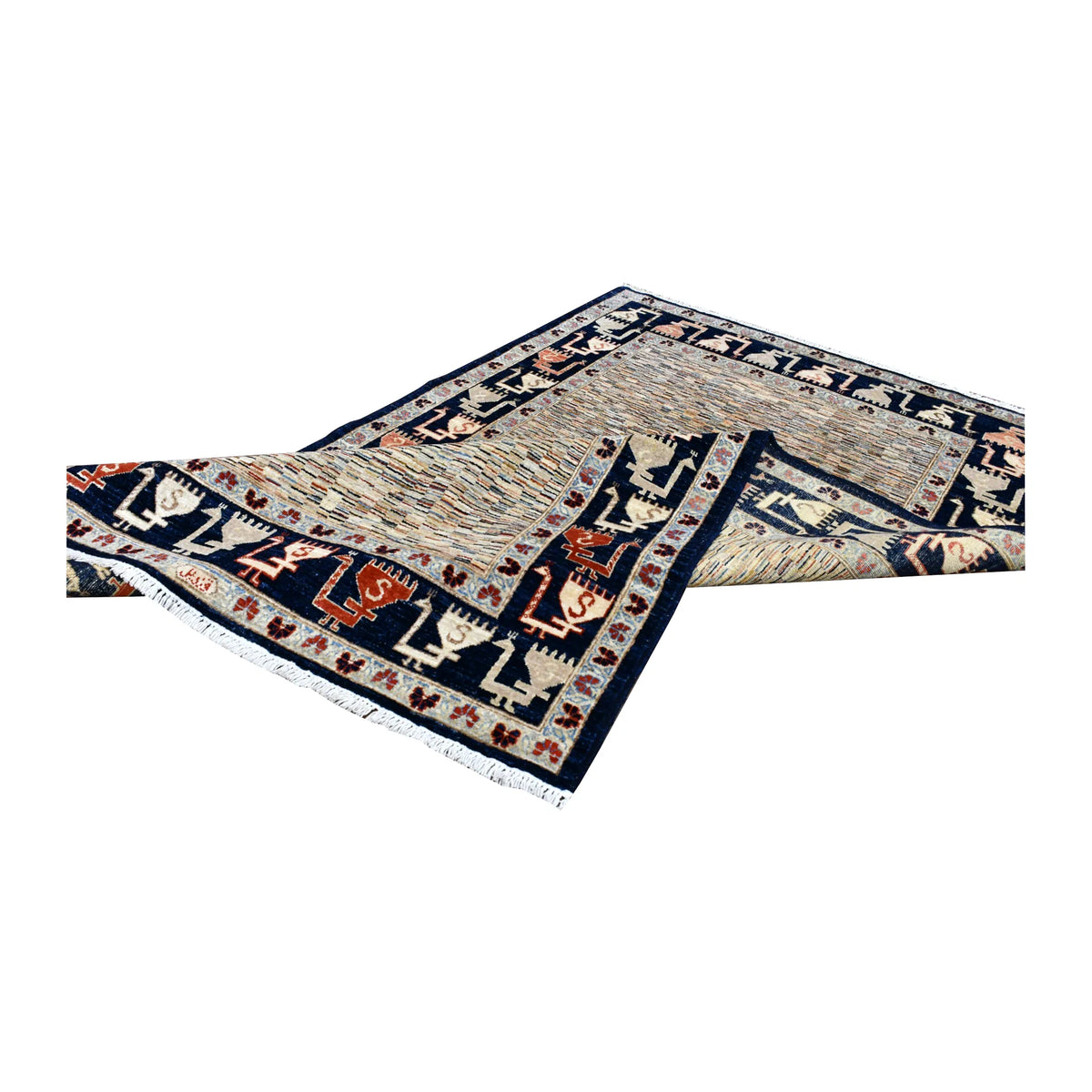 Folded view of Afghan Gabbeh hand-knotted wool rug showing its striated pile, patterned border and fringe