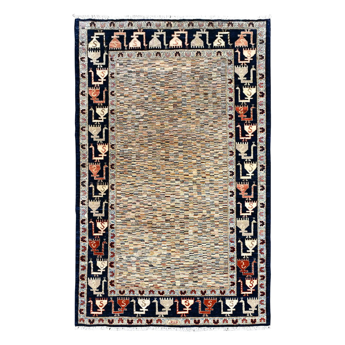 Full view of Afghan Gabbeh hand-knotted wool rug with a striated ivory field and deep navy patterned border, 234 x 142 cm