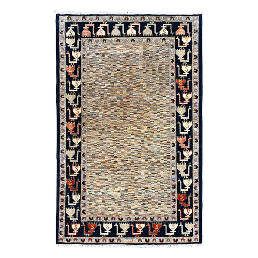 Full view of Afghan Gabbeh hand-knotted wool rug with a striated ivory field and deep navy patterned border, 234 x 142 cm