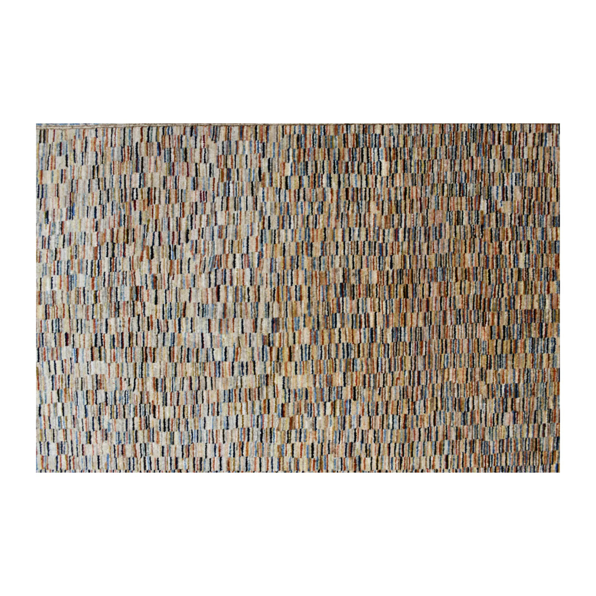 Field detail of Afghan Gabbeh wool rug showing fine ivory, beige, rust, blue and charcoal striations
