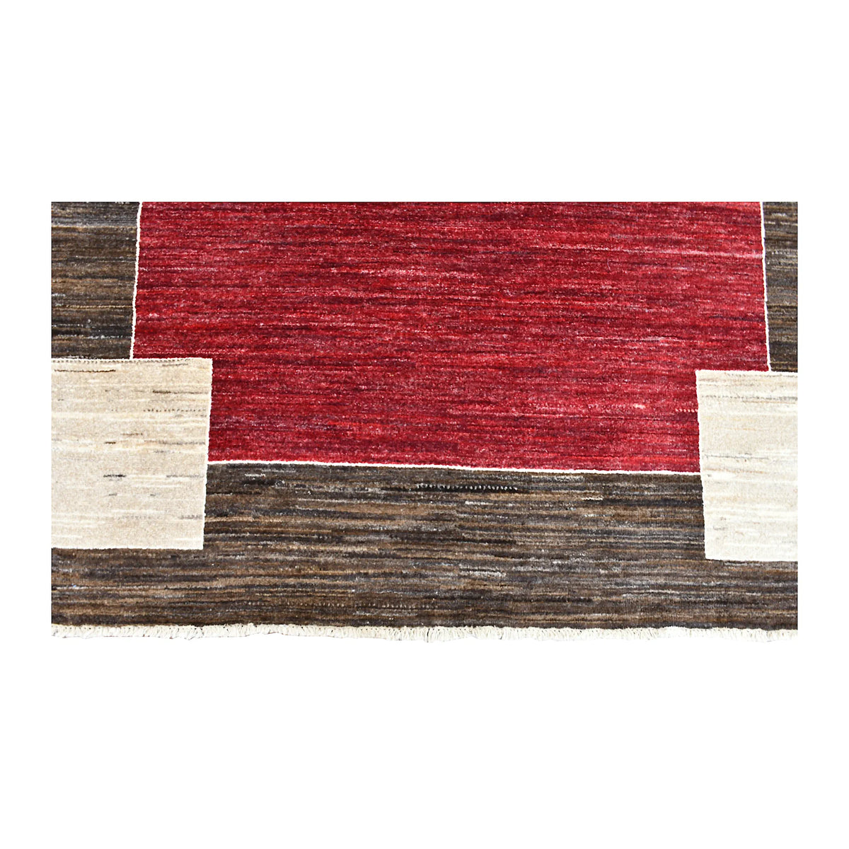 Fringe and end-border detail of Gabbeh rug with deep red field, charcoal-brown frame and two off-white corner blocks