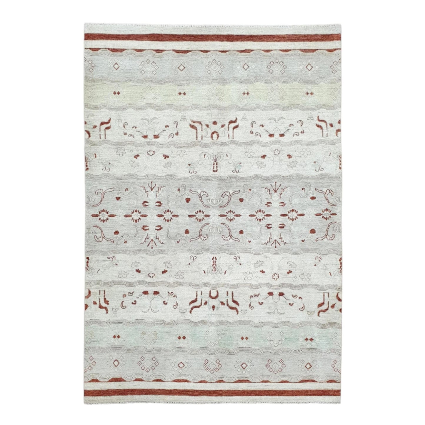 Full view of Afghan Gabbeh hand-knotted wool rug with soft off-white field, pale mint bands and rust-red floral and geometric motifs, 250 x 168 cm