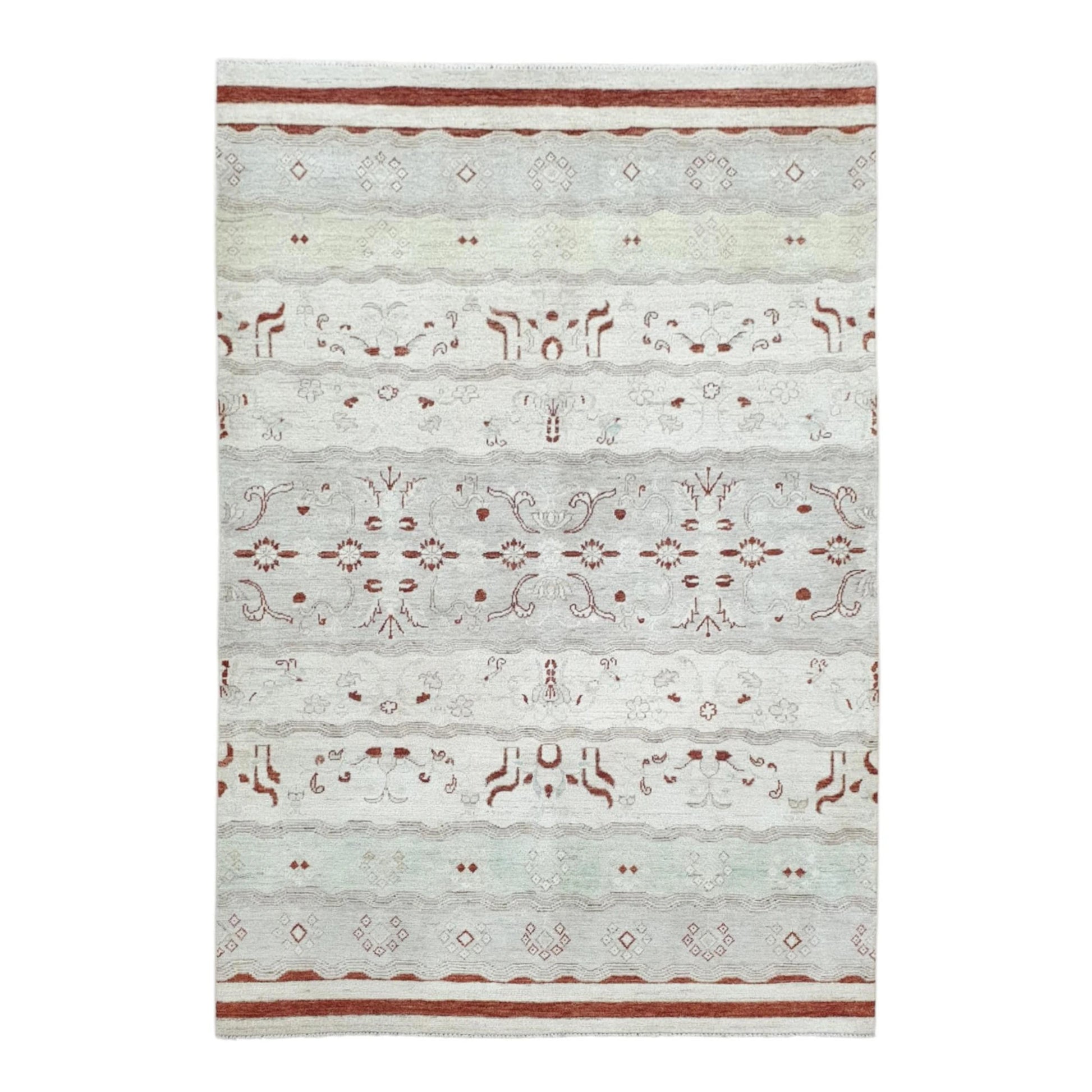 Full view of Afghan Gabbeh hand-knotted wool rug with soft off-white field, pale mint bands and rust-red floral and geometric motifs, 250 x 168 cm