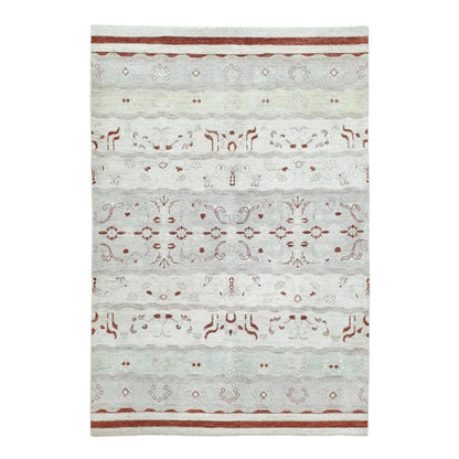 Full view of Afghan Gabbeh hand-knotted wool rug with soft off-white field, pale mint bands and rust-red floral and geometric motifs, 250 x 168 cm
