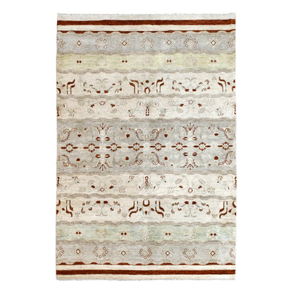 Full view of Afghan Gabbeh hand-knotted wool rug with off-white field, pale mint bands and rust-red motifs, 250 x 168 cm