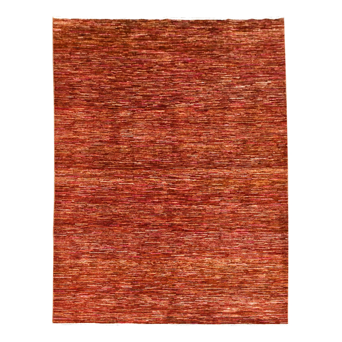 Full view of Afghan Gabbeh hand-knotted wool rug with a rust-red tonal field, 288 x 200 cm