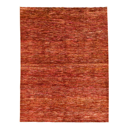 Full view of Afghan Gabbeh hand-knotted wool rug with a rust-red tonal field, 288 x 200 cm