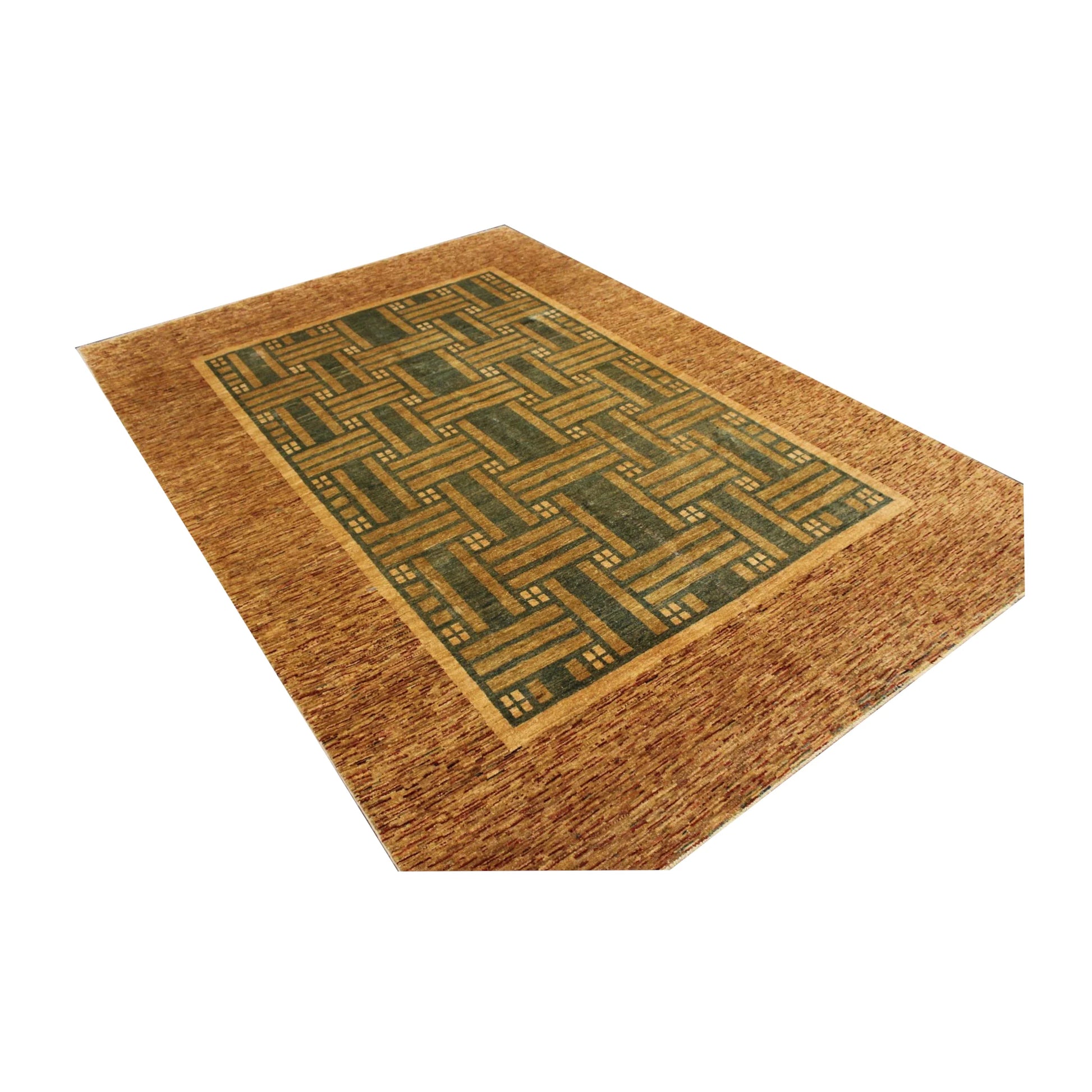 Angled full view of Afghan Gabbeh wool rug showing rectangular lattice pattern and brown border