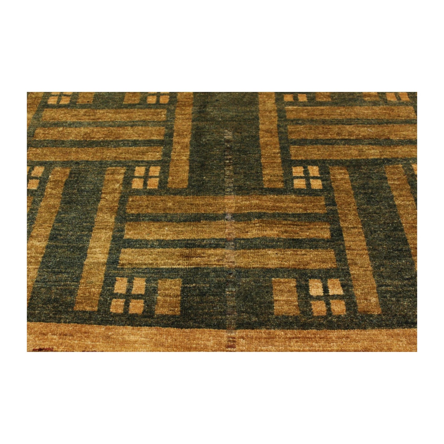 Border pattern detail of Afghan Gabbeh hand-knotted wool rug with green lattice design and brown edge
