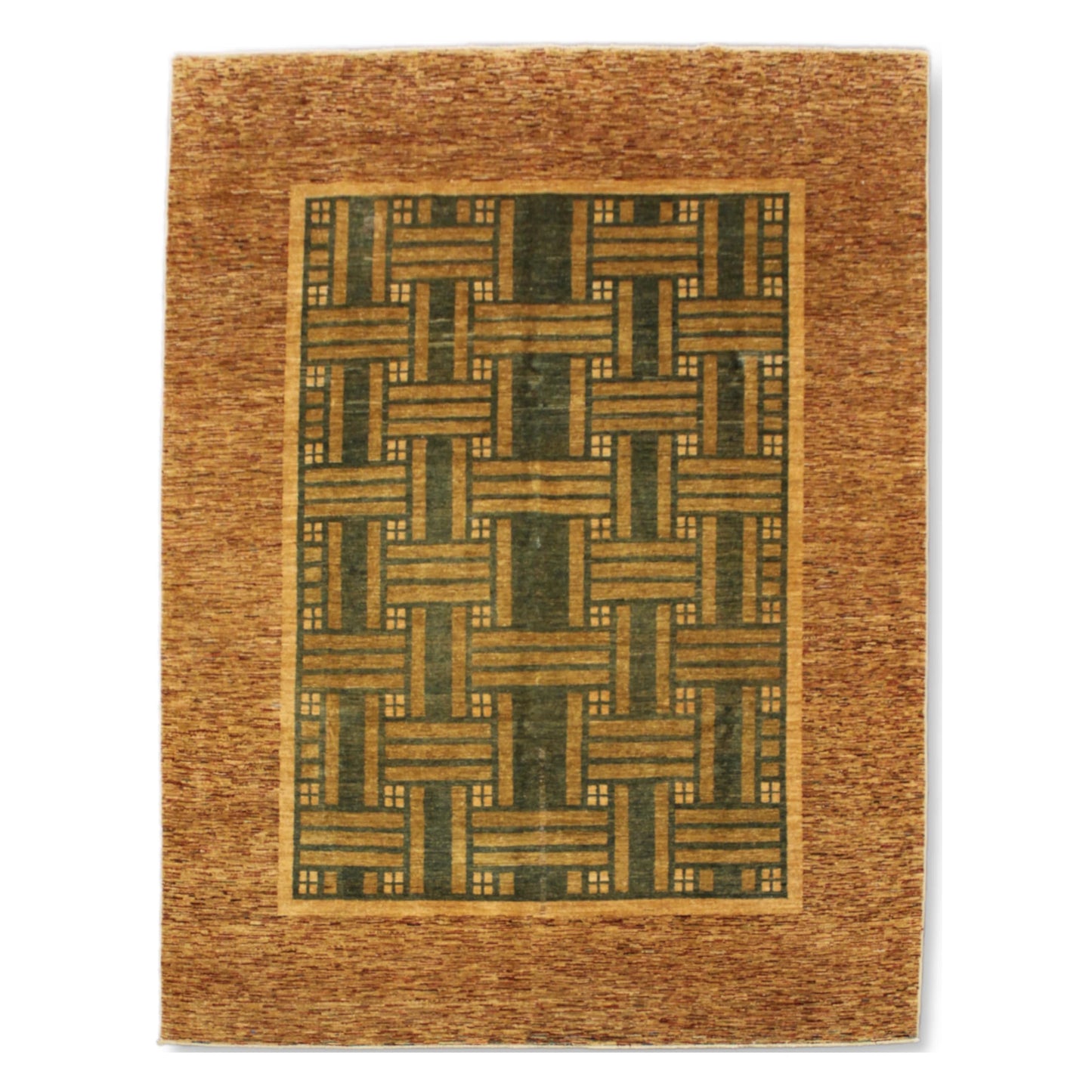 Afghan Gabbeh hand-knotted wool rug 295 x 200 cm full view with brown border and green geometric lattice field