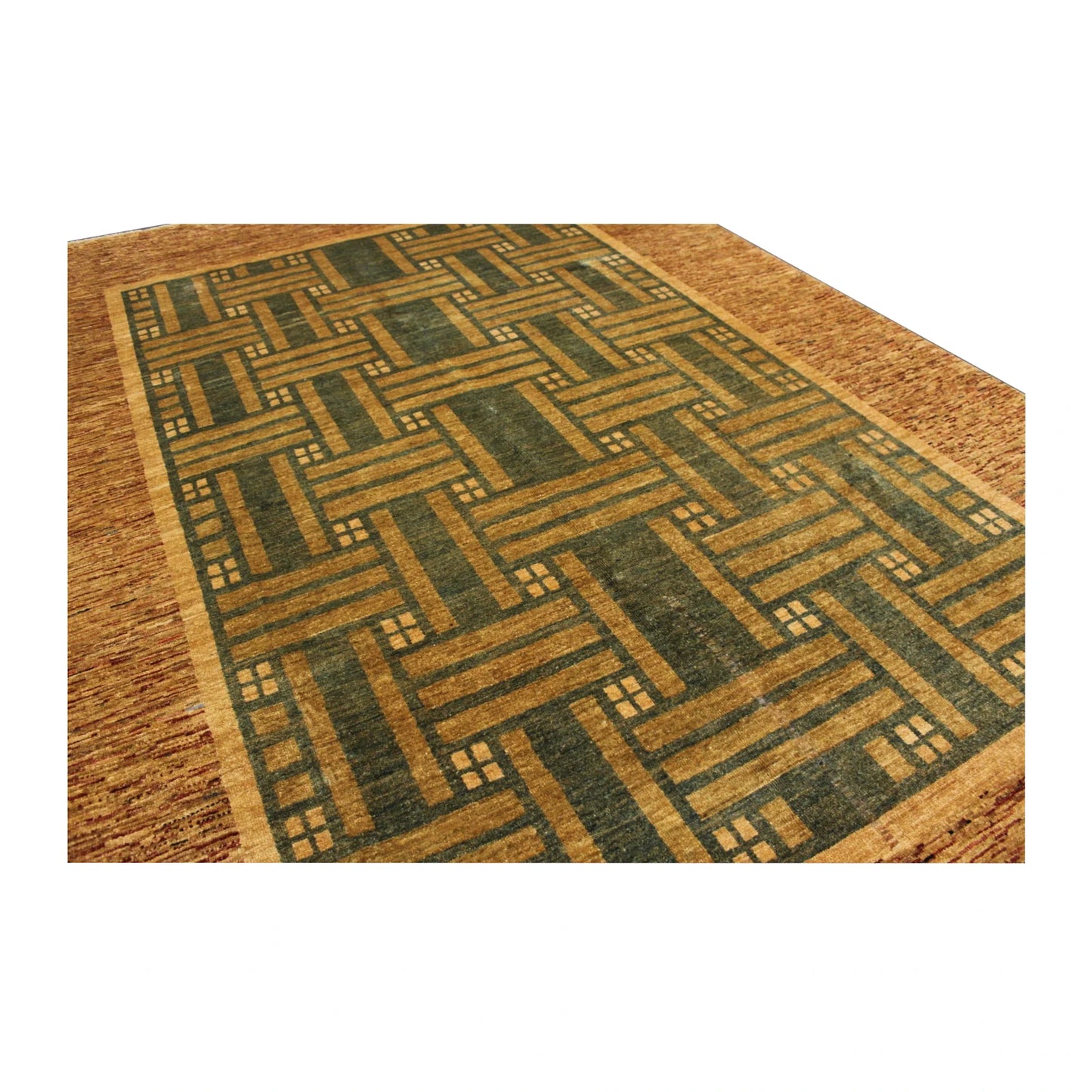 Close-up of Afghan Gabbeh hand-knotted rug showing green geometric field and brown wool detail
