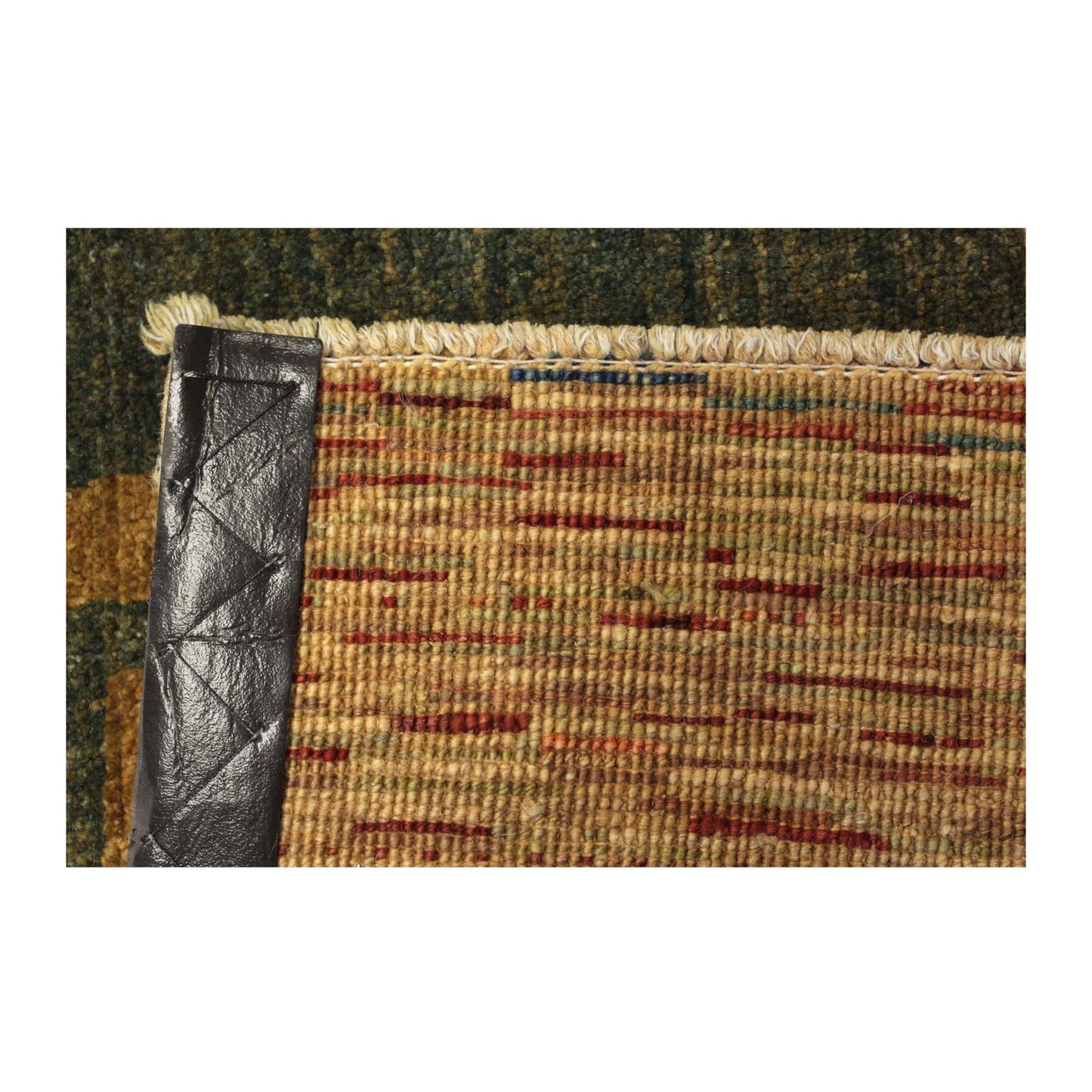 Reverse weave detail of Afghan Gabbeh hand-knotted wool rug showing back construction and edge binding