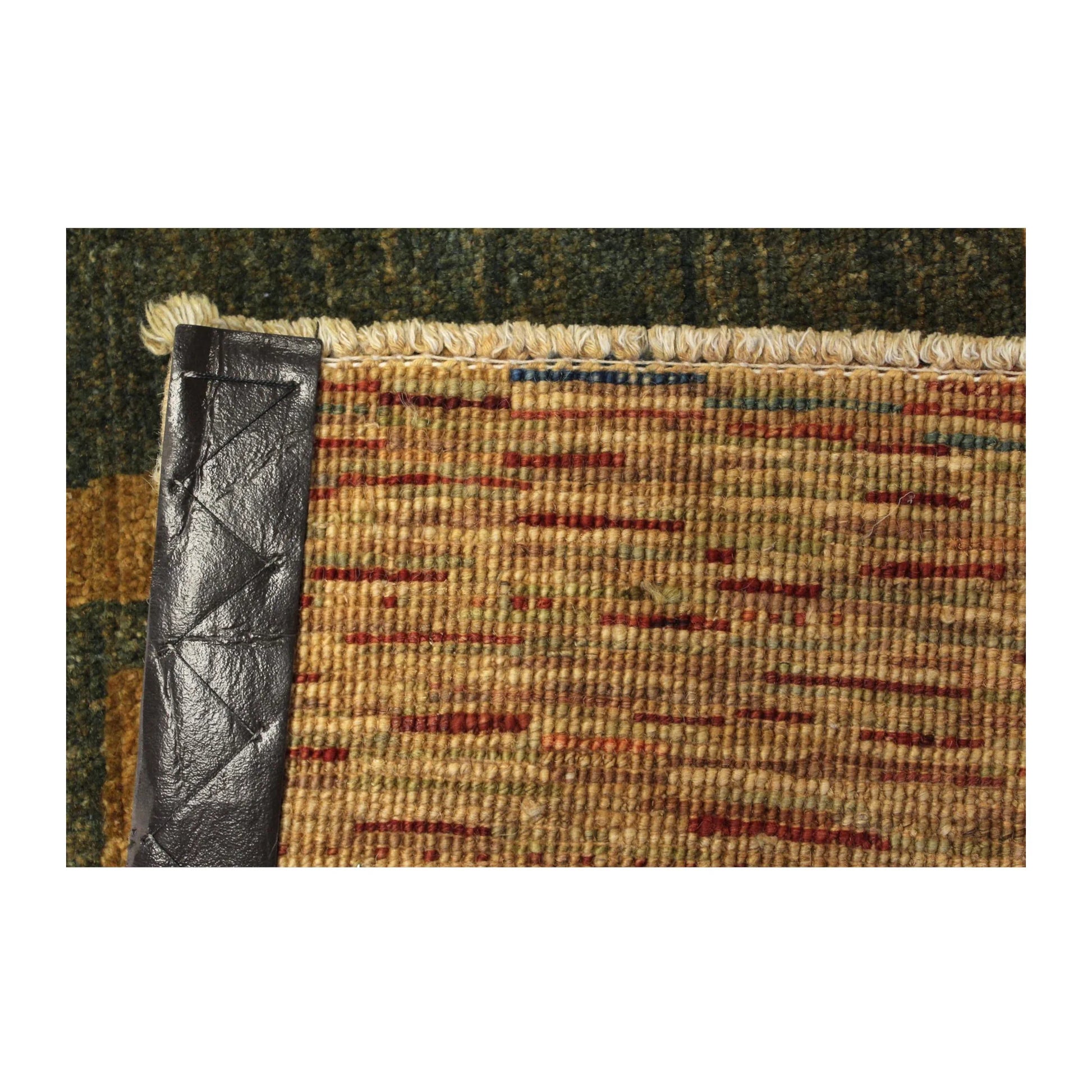 Reverse weave detail of Afghan Gabbeh hand-knotted wool rug showing back construction and edge binding