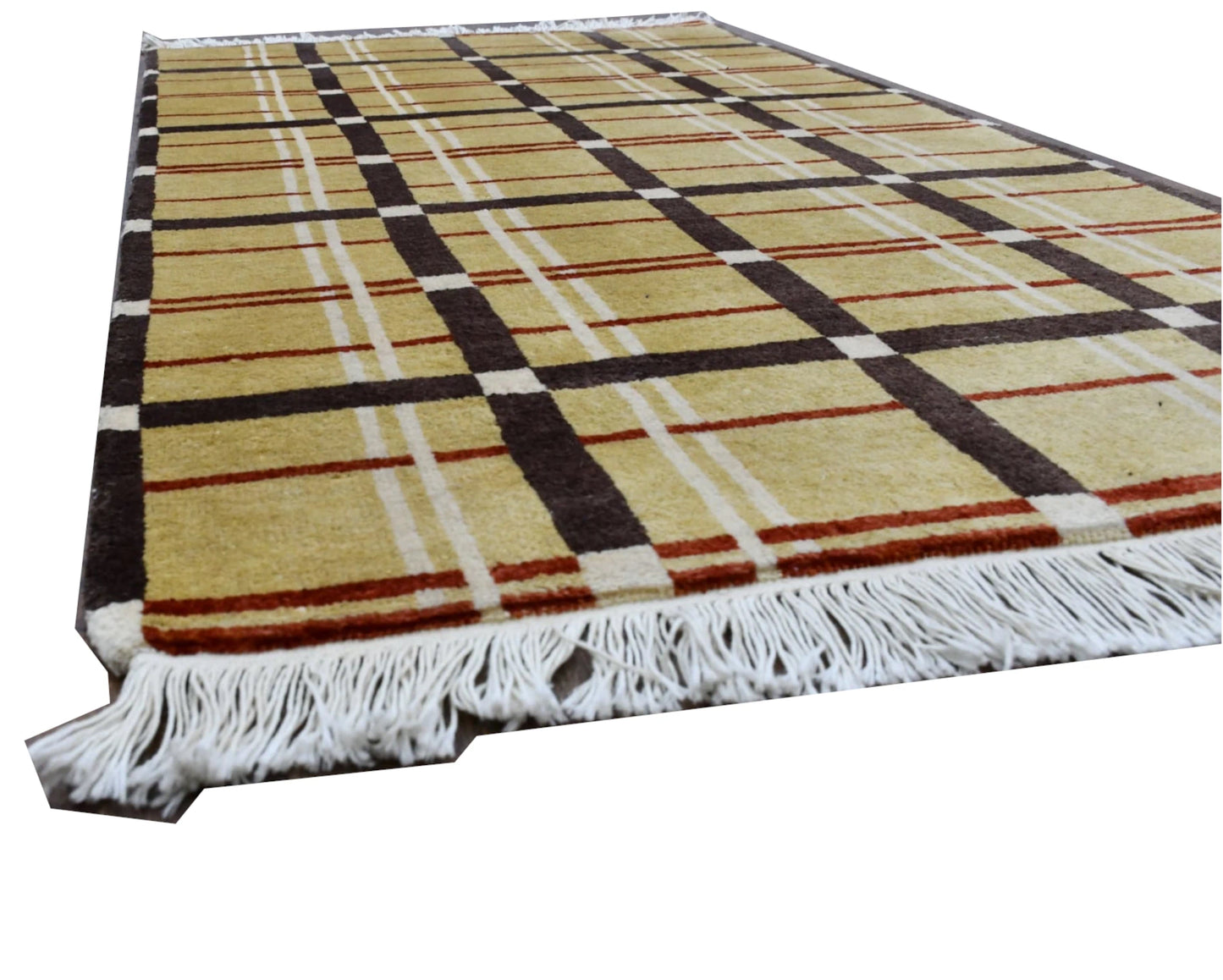 Angled view of Afghan Gabbeh rug showing beige brown checked pattern and fringe