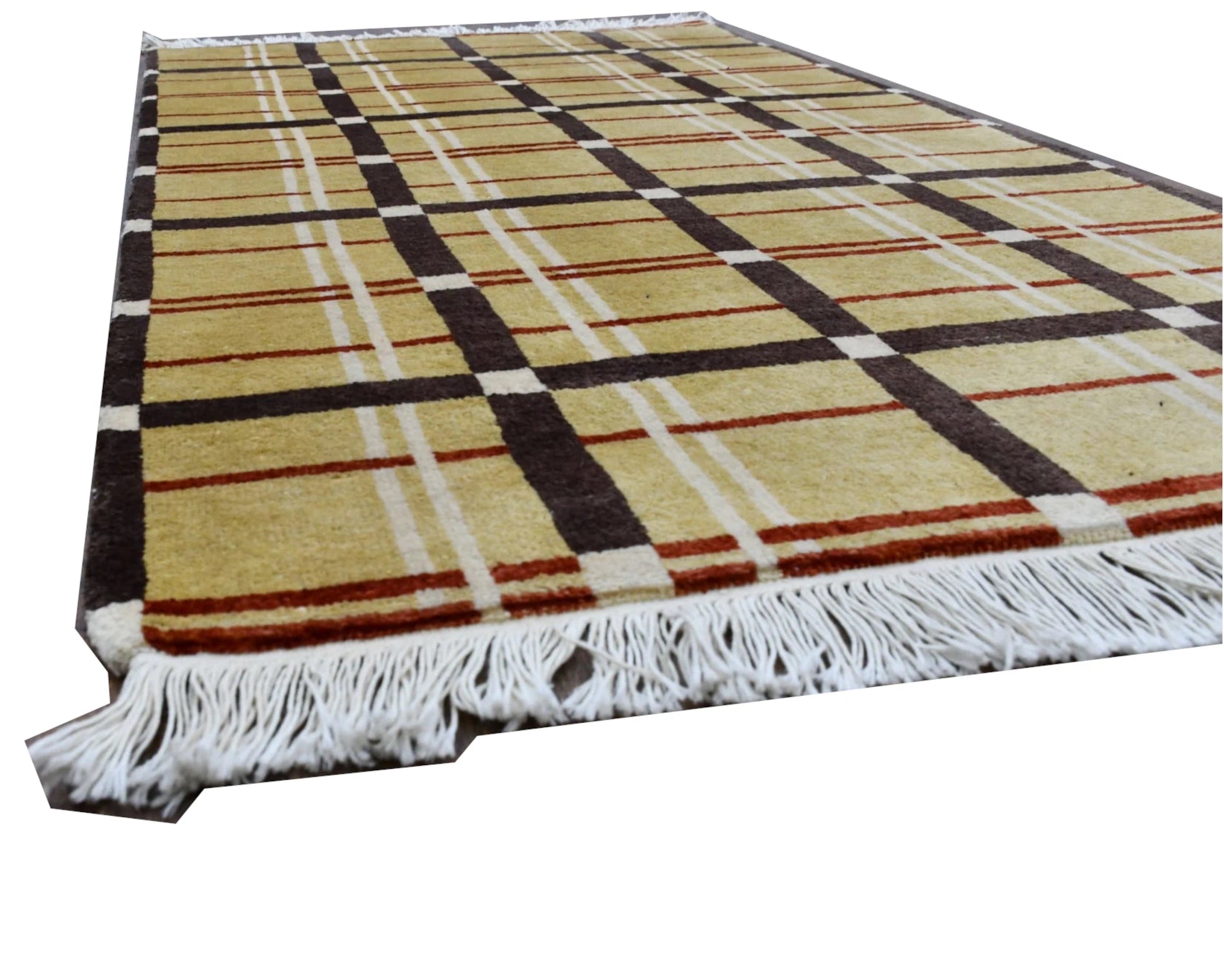 Angled view of Afghan Gabbeh rug showing beige brown checked pattern and fringe