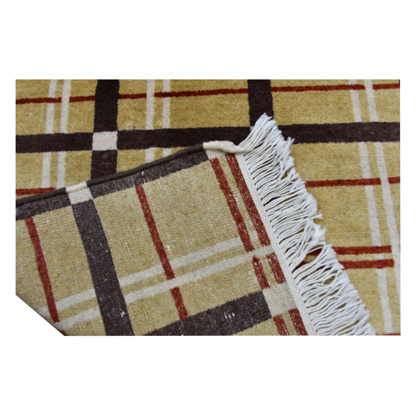 Close-up of Afghan Gabbeh rug showing fringe and checked geometric pattern
