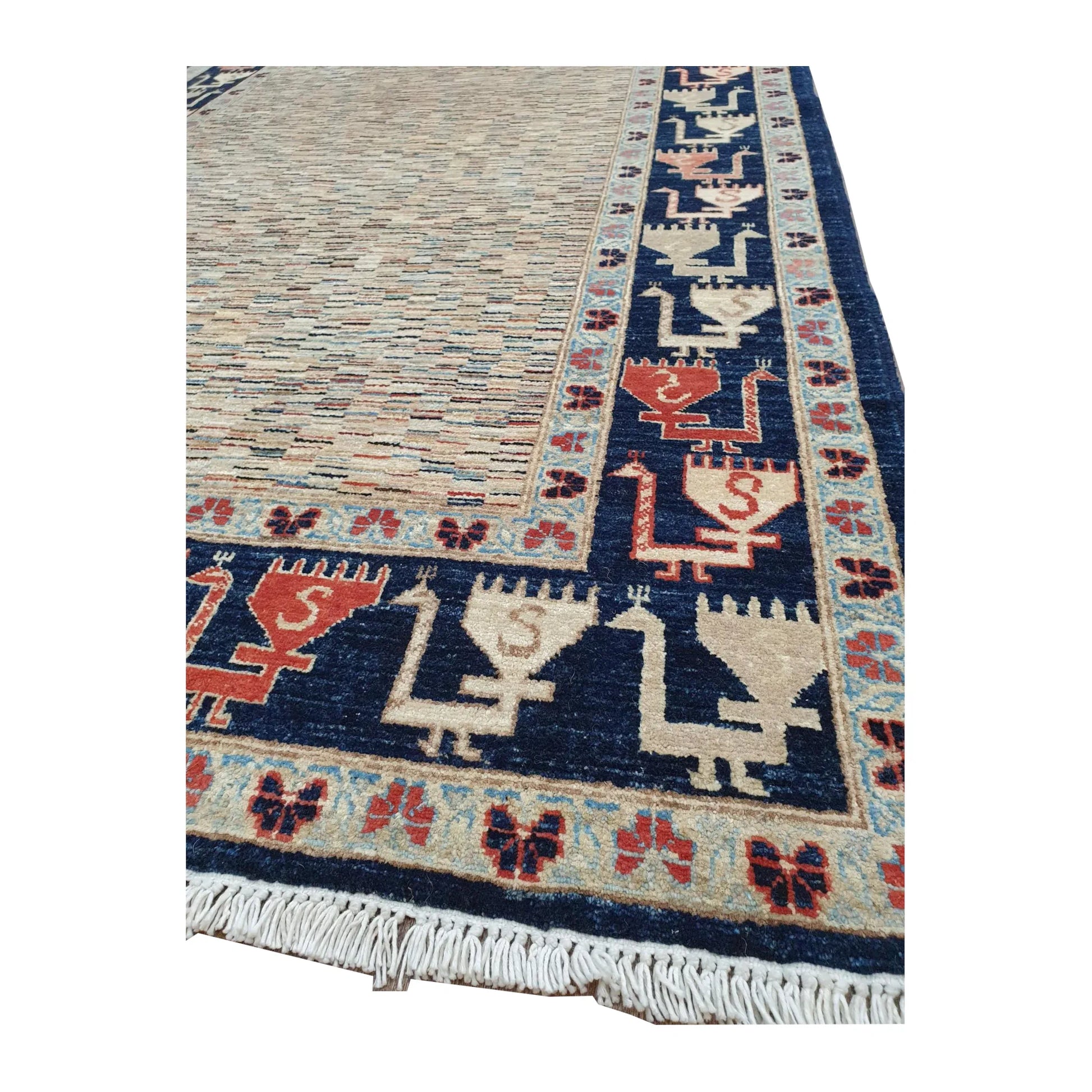 Opposite corner detail of Afghan Gabbeh rug showing the deep navy border, ivory and terracotta motifs and visible fringe