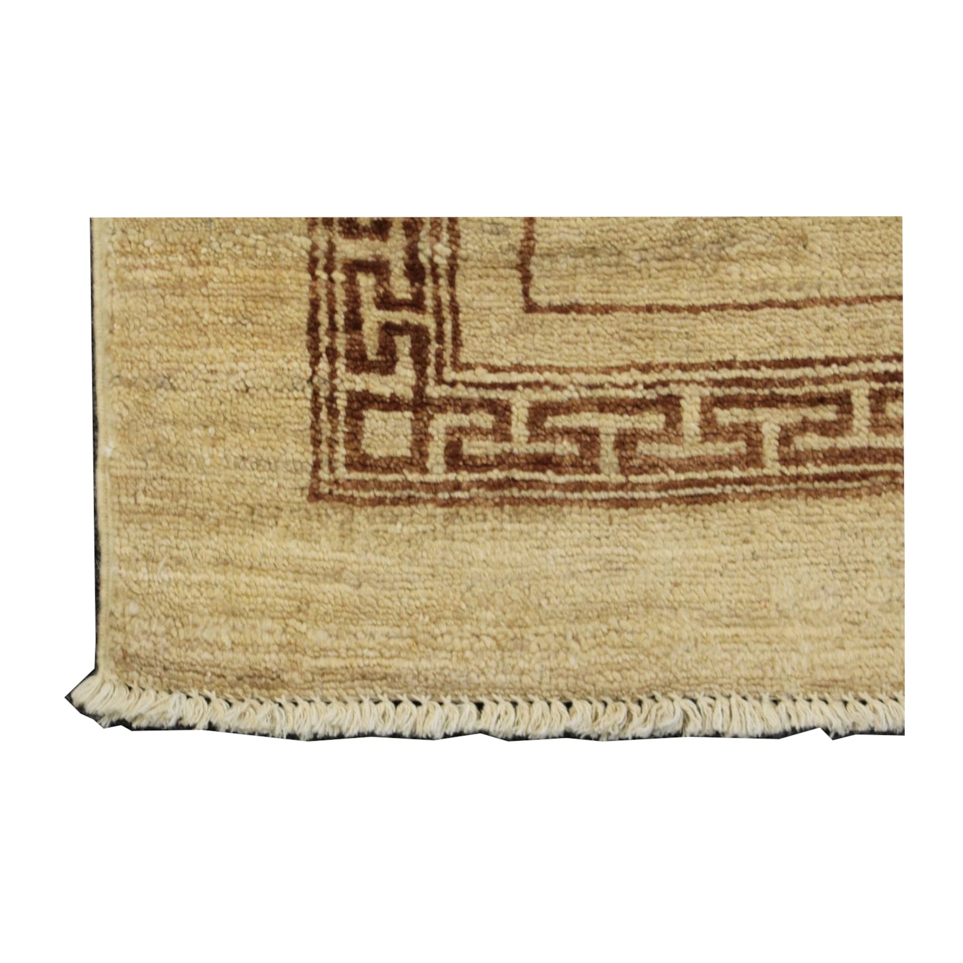 Corner and fringe detail of Afghan Gabbeh runner rug with rust-red border, 277 x 81 cm