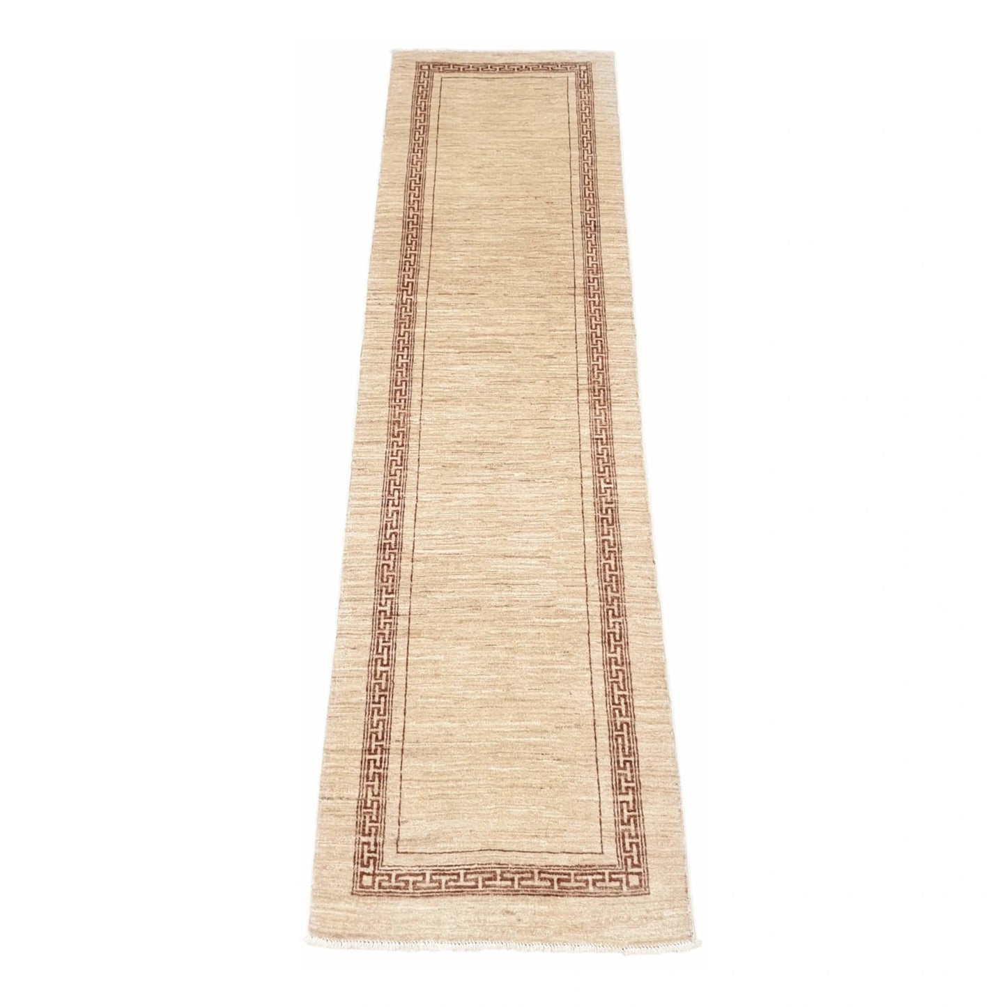 Full view of Afghan Gabbeh wool runner rug with beige field and rust-red geometric border, 277 x 81 cm