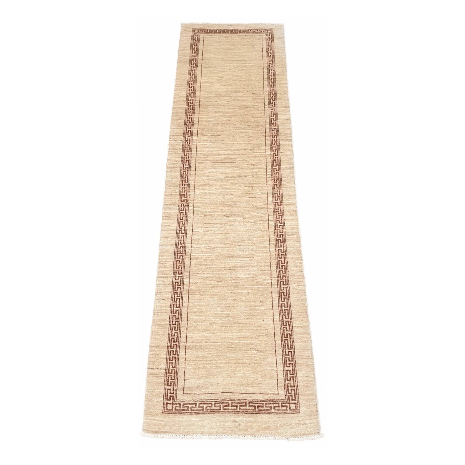 Full view of Afghan Gabbeh wool runner rug with beige field and rust-red geometric border, 277 x 81 cm