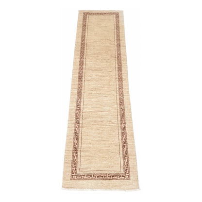 Full view of Afghan Gabbeh wool runner rug with beige field and rust-red geometric border, 277 x 81 cm