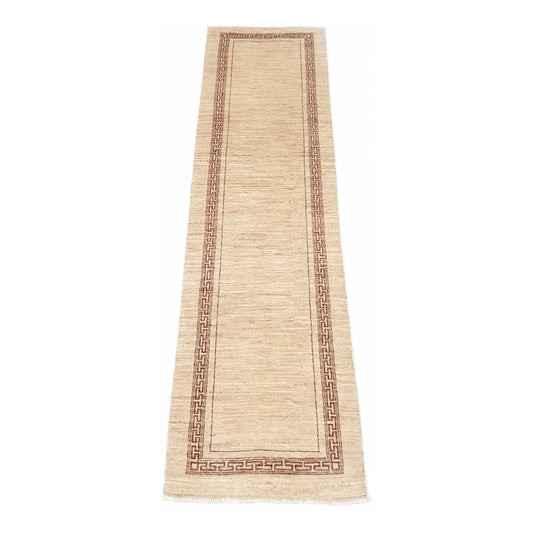 Full view of Afghan Gabbeh wool runner rug with beige field and rust-red geometric border, 277 x 81 cm