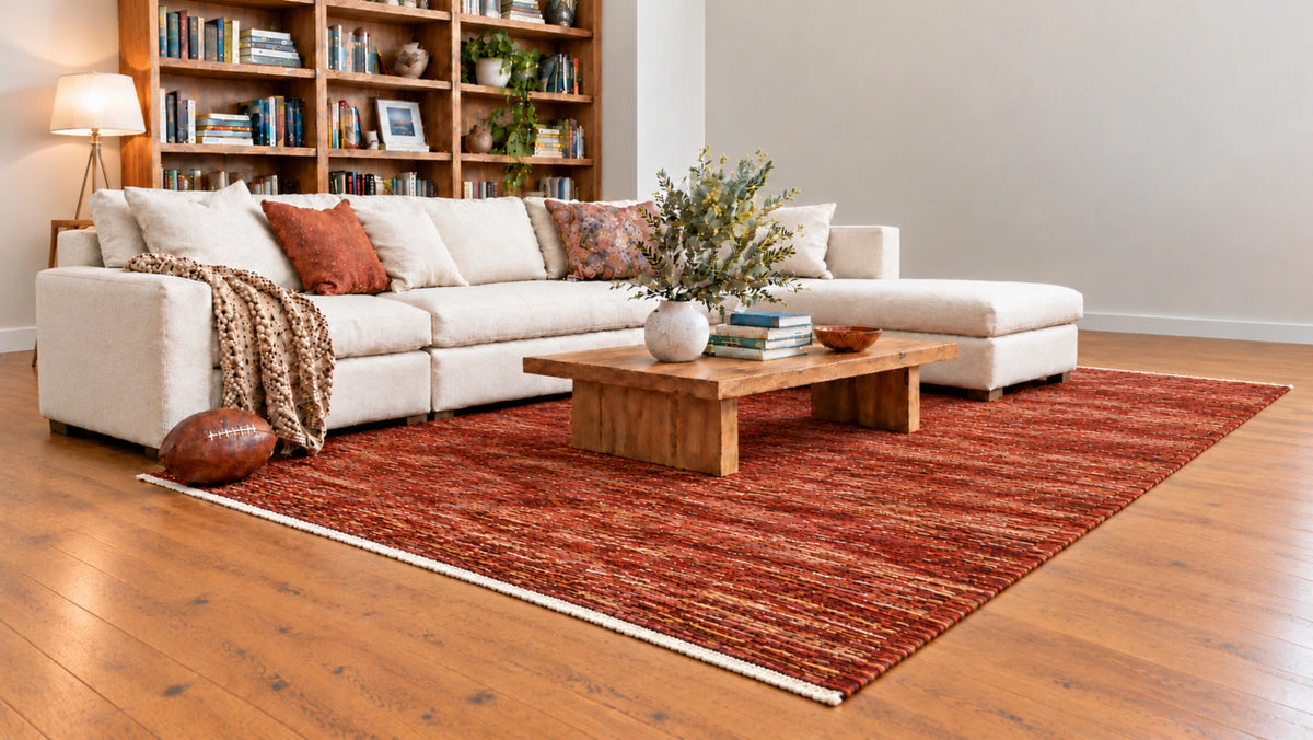 Rust-red Afghan Gabbeh rug with fine tonal bands and ivory fringe beneath a wooden coffee table beside a cream sectional sofa.