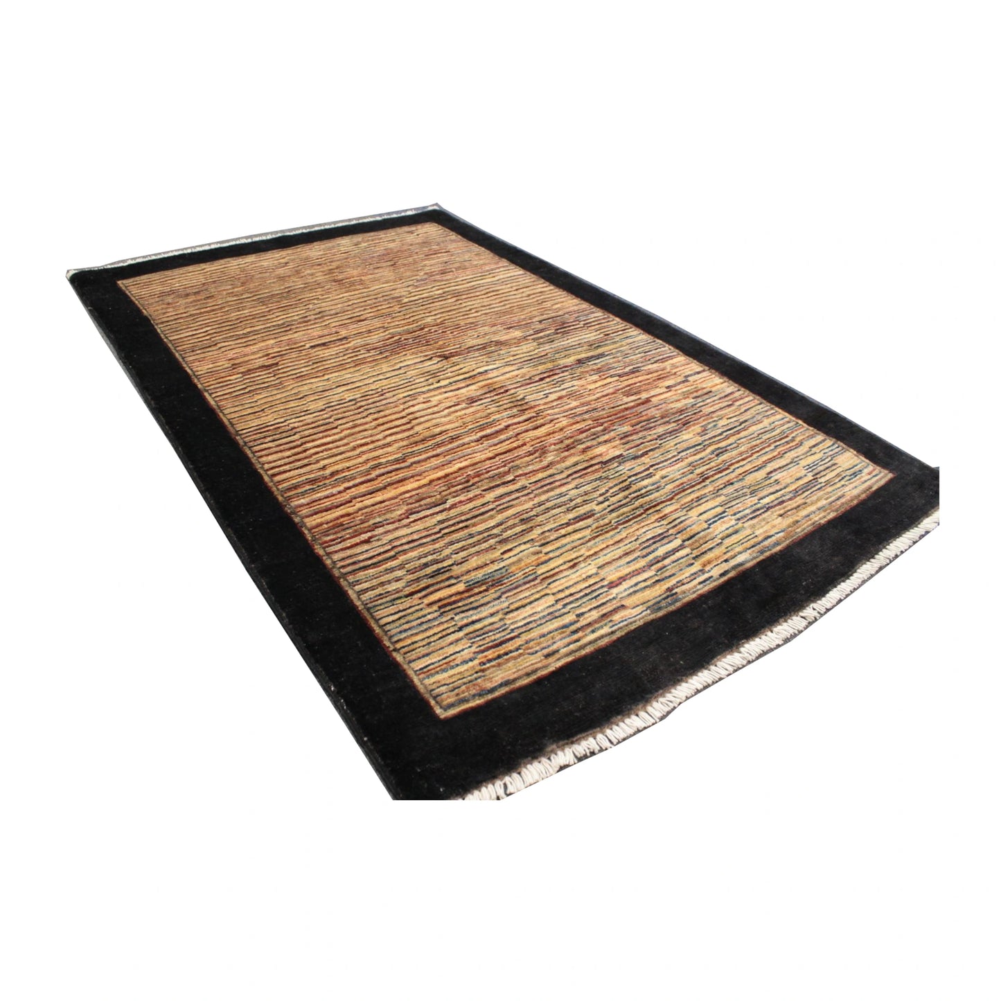 Angled view of Afghan Gabbeh wool rug with striped field and black border, 153 x 98 cm
