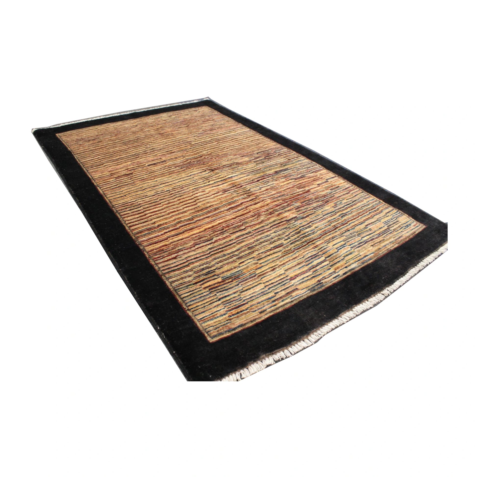 Angled view of Afghan Gabbeh wool rug with striped field and black border, 153 x 98 cm
