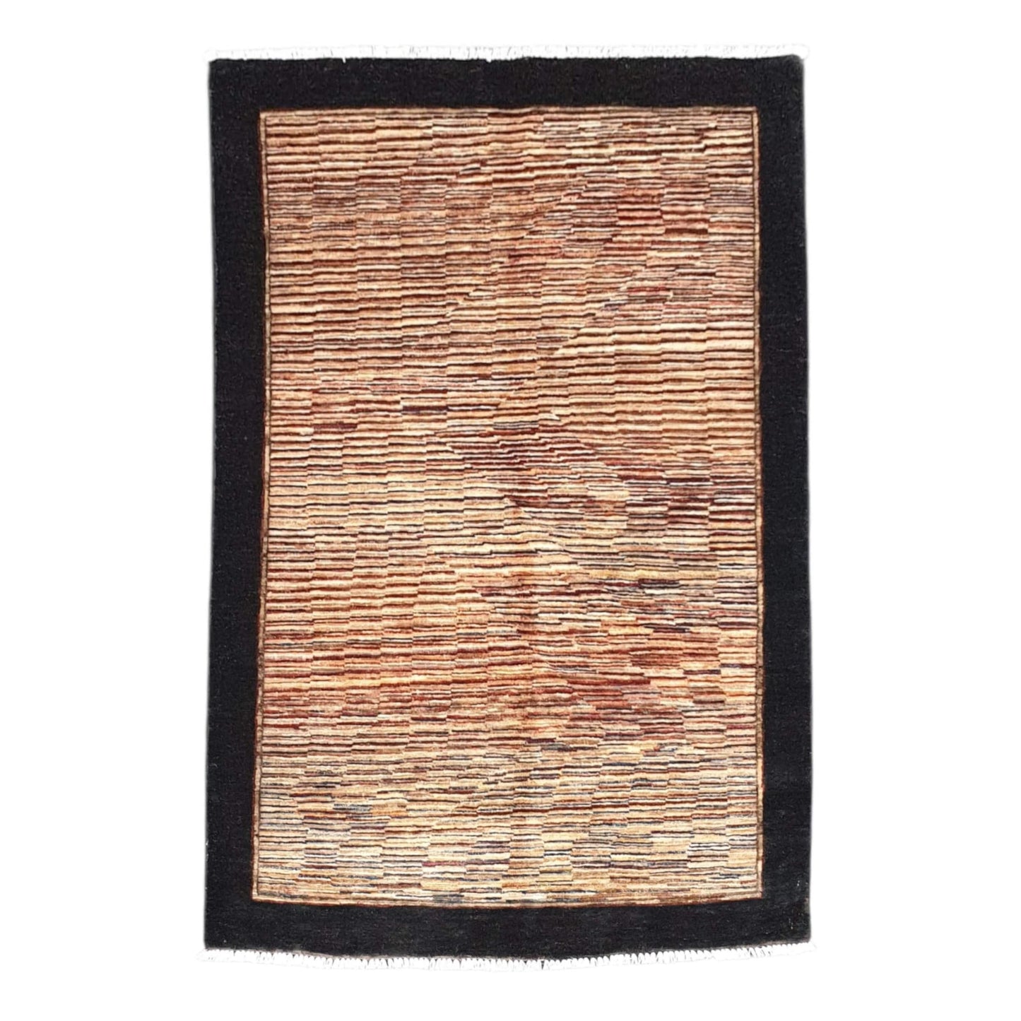 Full view of Afghan Gabbeh wool rug with fine multicolour lines and black border, 153 x 98 cm